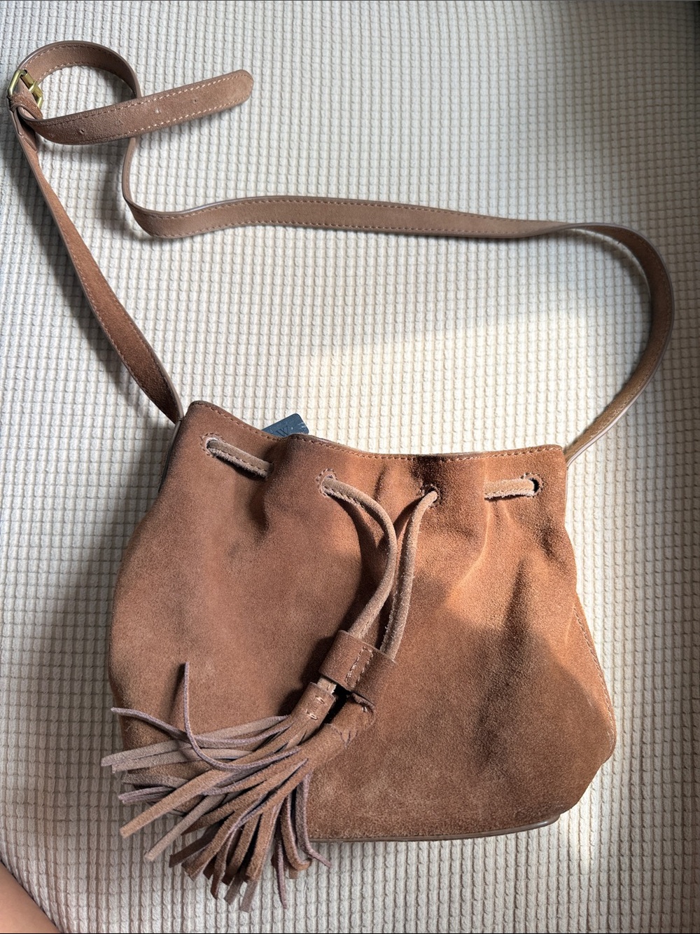 J. Crew 100% leather women’s Brown Suede Drawstring Crossbody Bag with Tassel